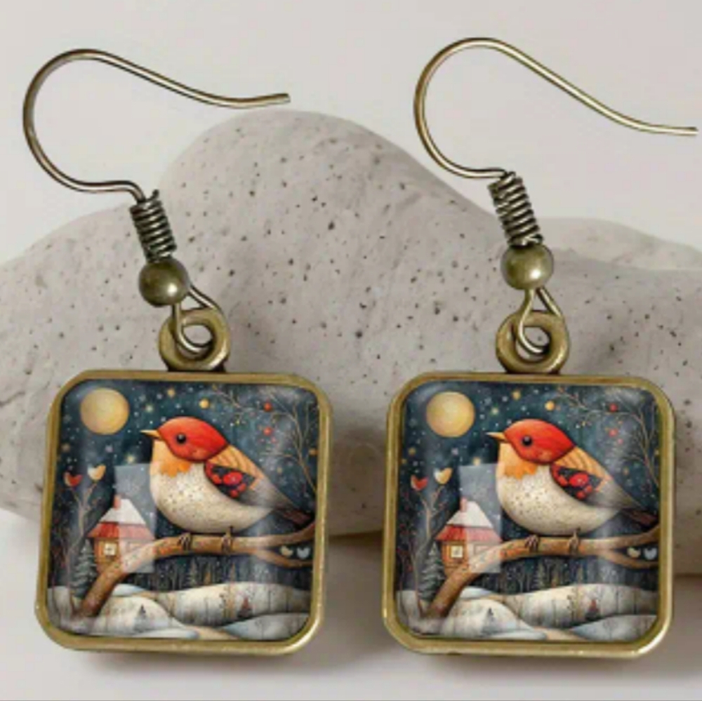 Animal Print Artsy Bird Design Square Crystal Glass‎ Gift Earrings (#293)